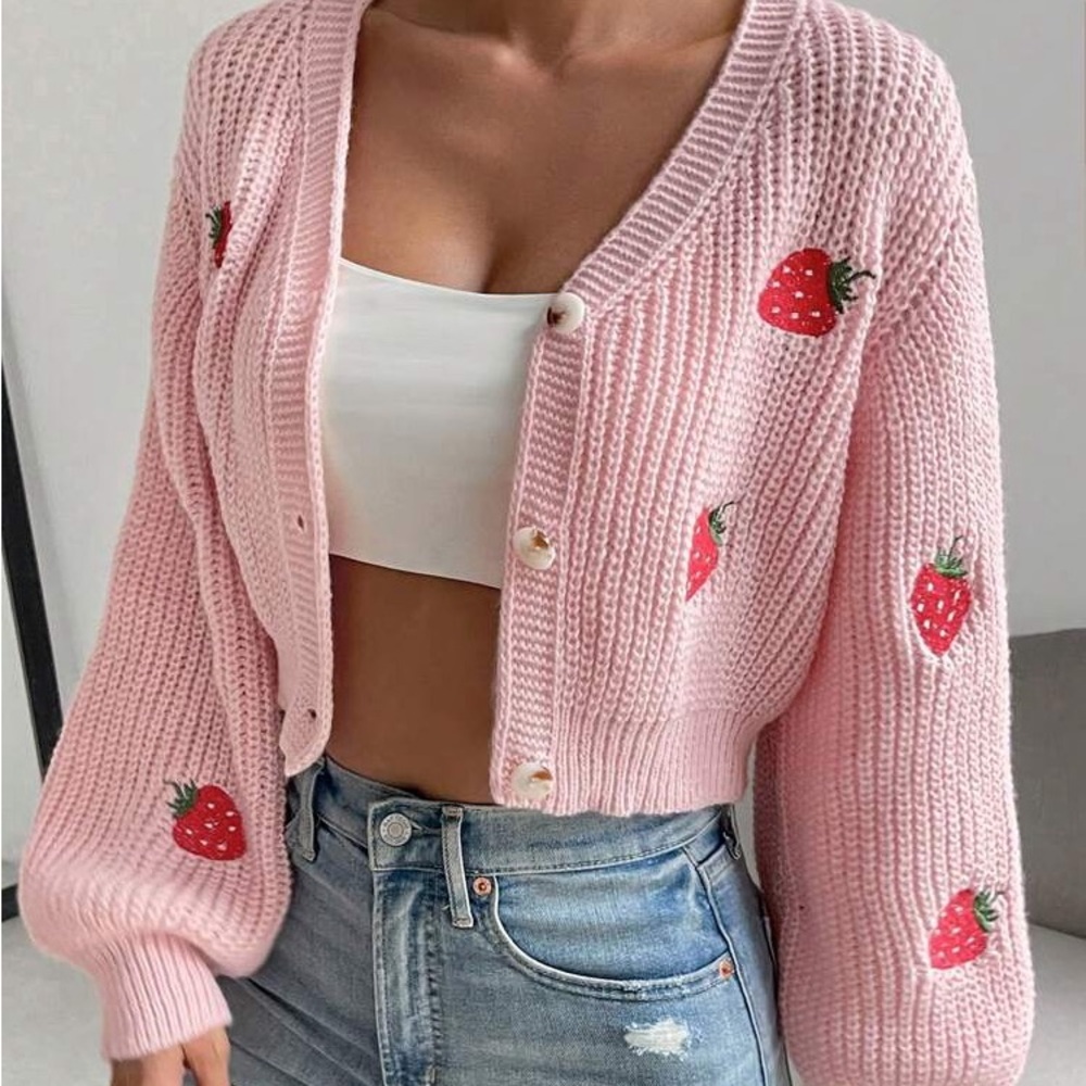Strawberry Embroidery Drop Shoulder Cardigan